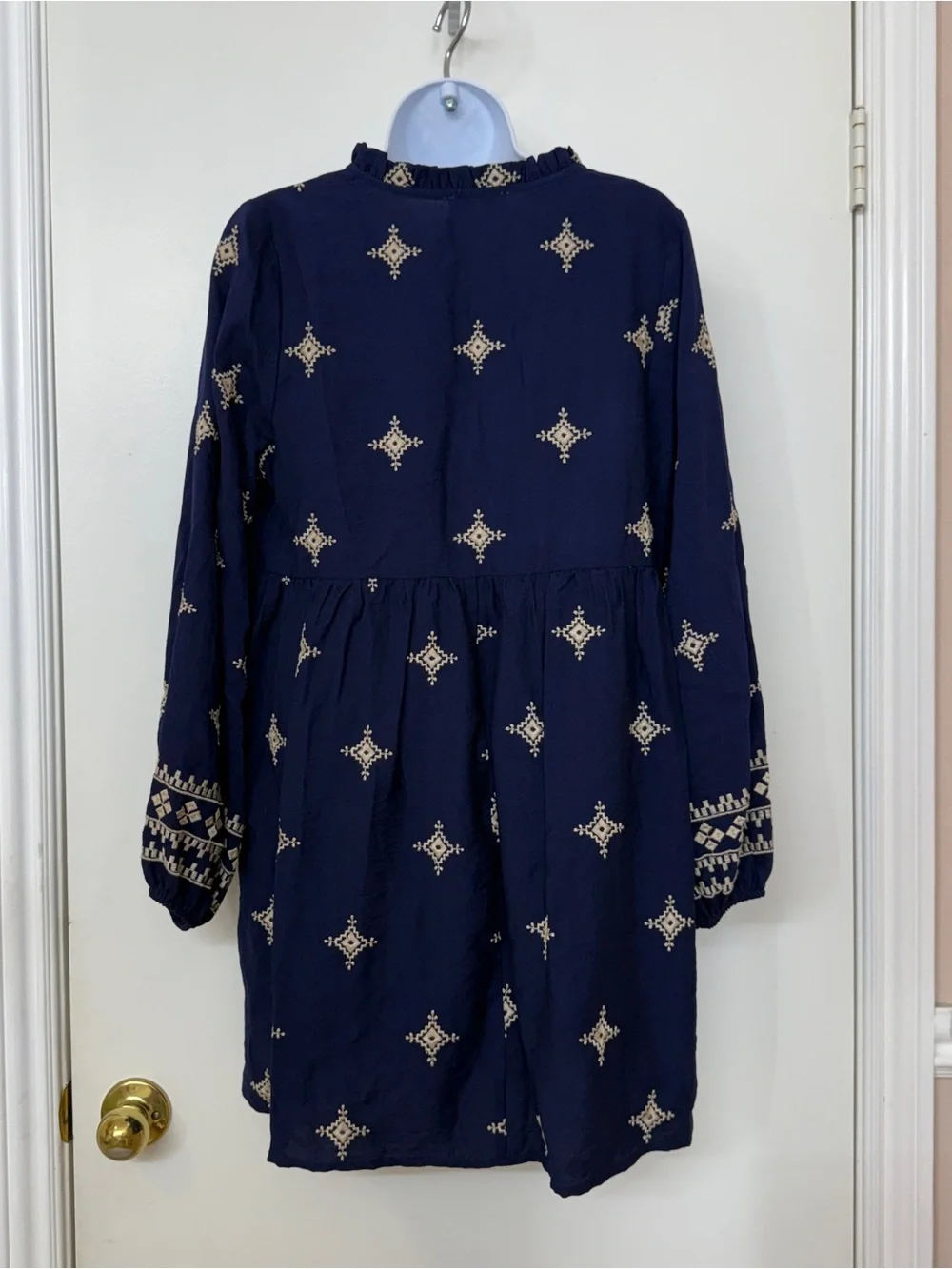 NWT Camellia Embroidered Boho Mini Dress - Size S Tassel Tie Neck- Navy - Picture 8 of 13